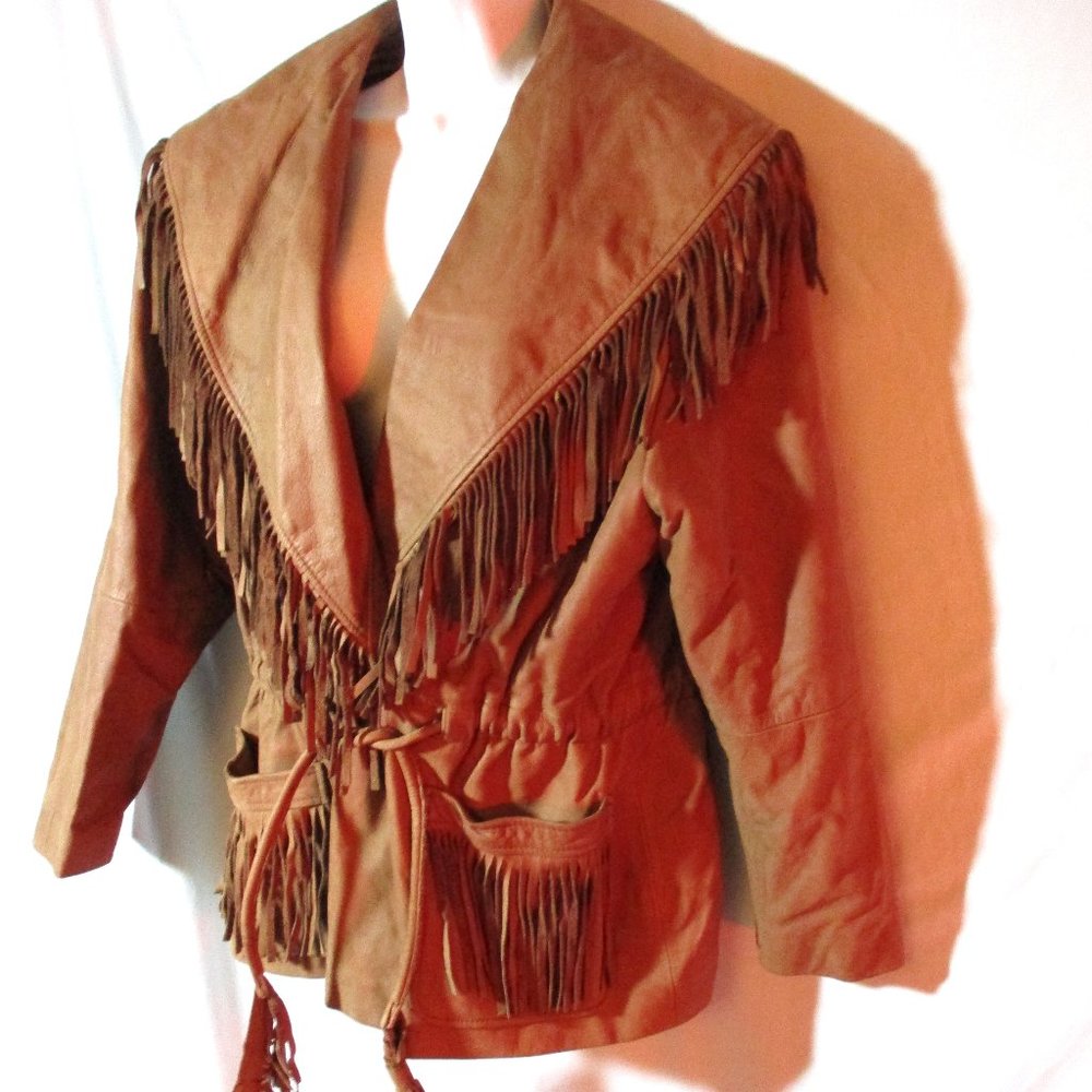 Vintage RZR Cowboy FRINGE Jacket Coat Hippie BROWN L Hippie 1970's Belted